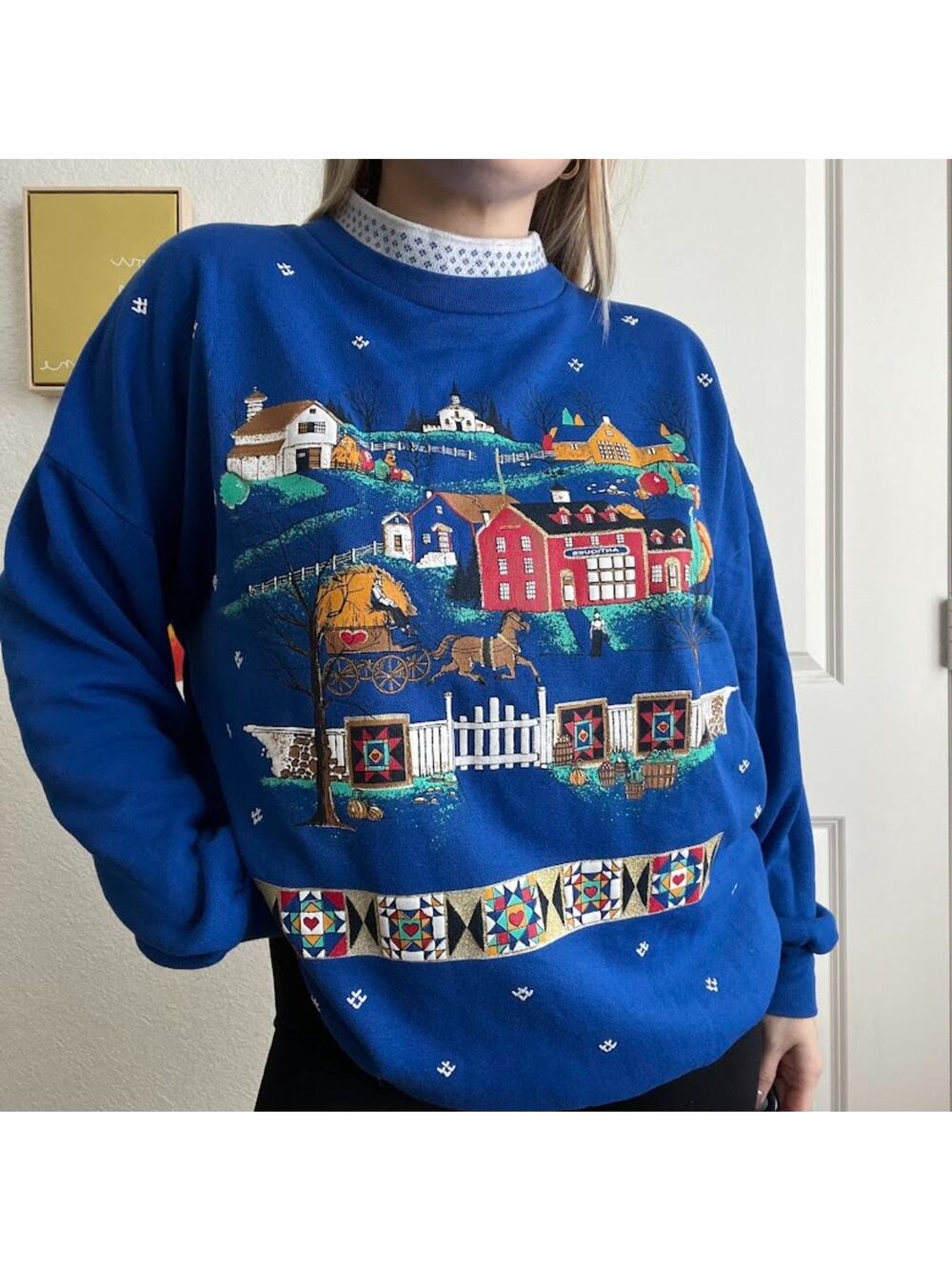 Vintage 90's Act III Winter Village Print Collared Crewneck Sz L